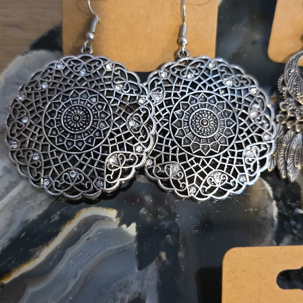 Silver and Yellow Boho Earrings Set Of 3 - Picture 2 of 4